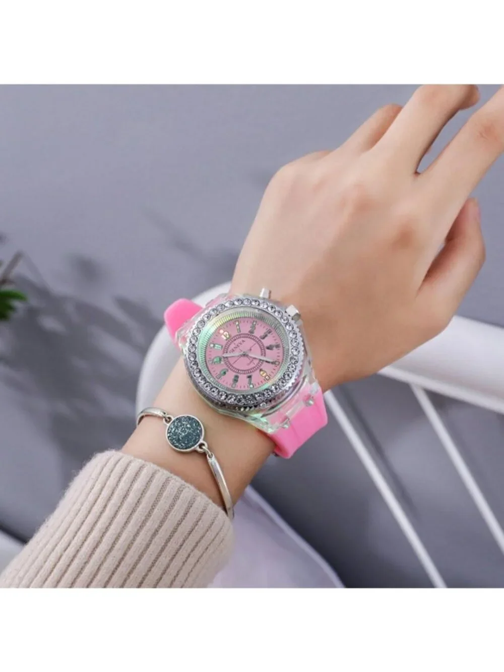 Women's Pink Analog Silicone Bling LED Luminous Lights Sport Square Wrist Watch